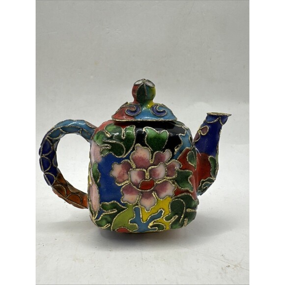 2 Cloisonné Vtg. Miniature Tea Pot Pots With Pink Rose Red Flowers - Picture 6 of 7